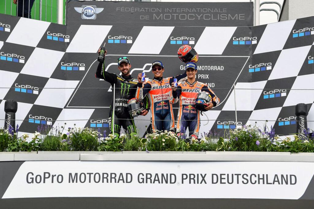Folger compartiendo el podio de Sachsenring con Márquez y Pedrosa en 2017.
